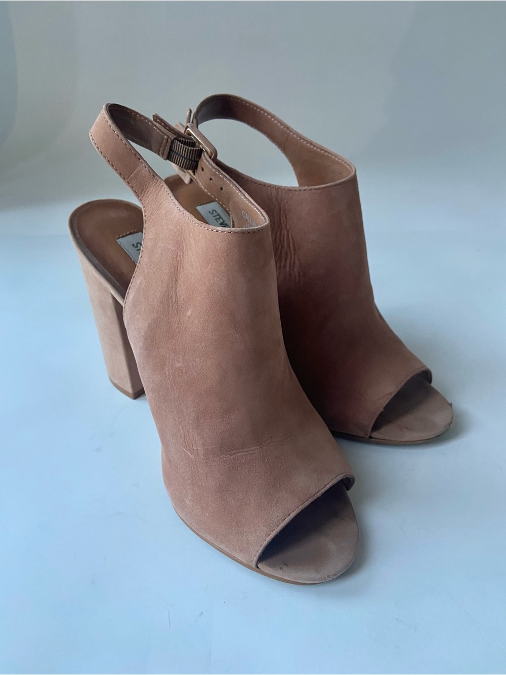Steve Madden camel suede Tan Open-Toe Block Heel Slingback Booties